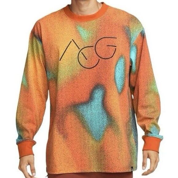 Nike ACG NRG Men’s Size 2XL Long Sleeve Allover Print Orange Blue Snowdrift Tee - Picture 1 of 8